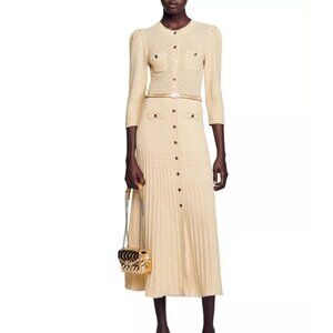 Sandro Ramia Pointelle Knit Midi Dress Gold